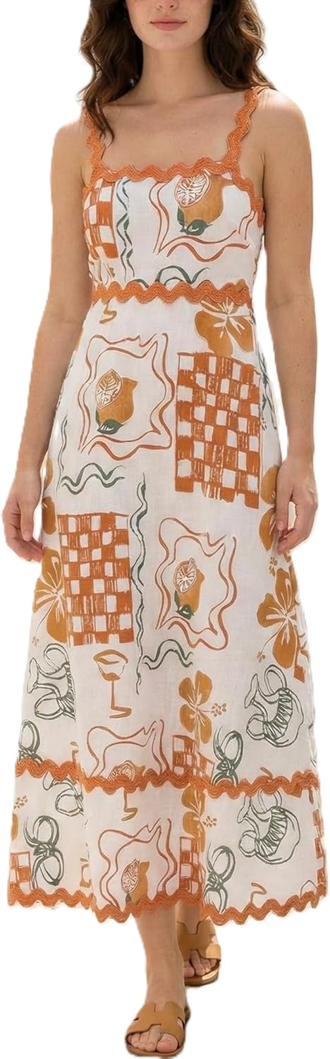 Women's Classy Sleeveless Lemon Print Maxi RIC Rac Dress