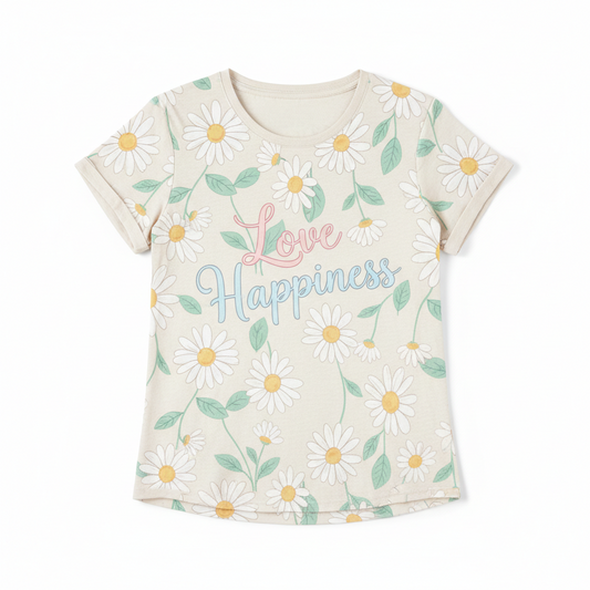 Women's T-Shirt with Daisy Saying Love Happiness Flower Print Floral Pattern Women's Shirt